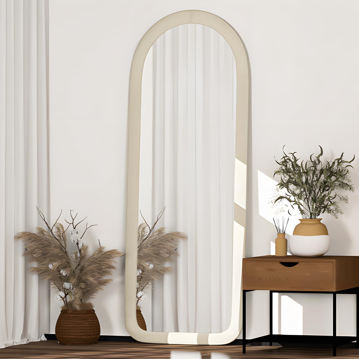 Full Length Mirror 56"x20" Arch Floor Mirror with Stand Arched Full Body Mirror Standing Hanging or Leaning Against Wall for Bedroom Flannel Wrapped Wooden Frame Pink