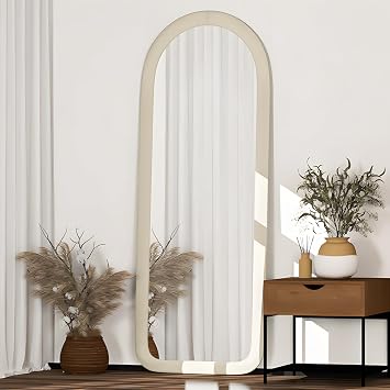 Full Length Mirror 56"x20" Arch Floor Mirror with Stand Arched Full Body Mirror Standing Hanging or Leaning Against Wall for Bedroom Flannel Wrapped Wooden Frame White