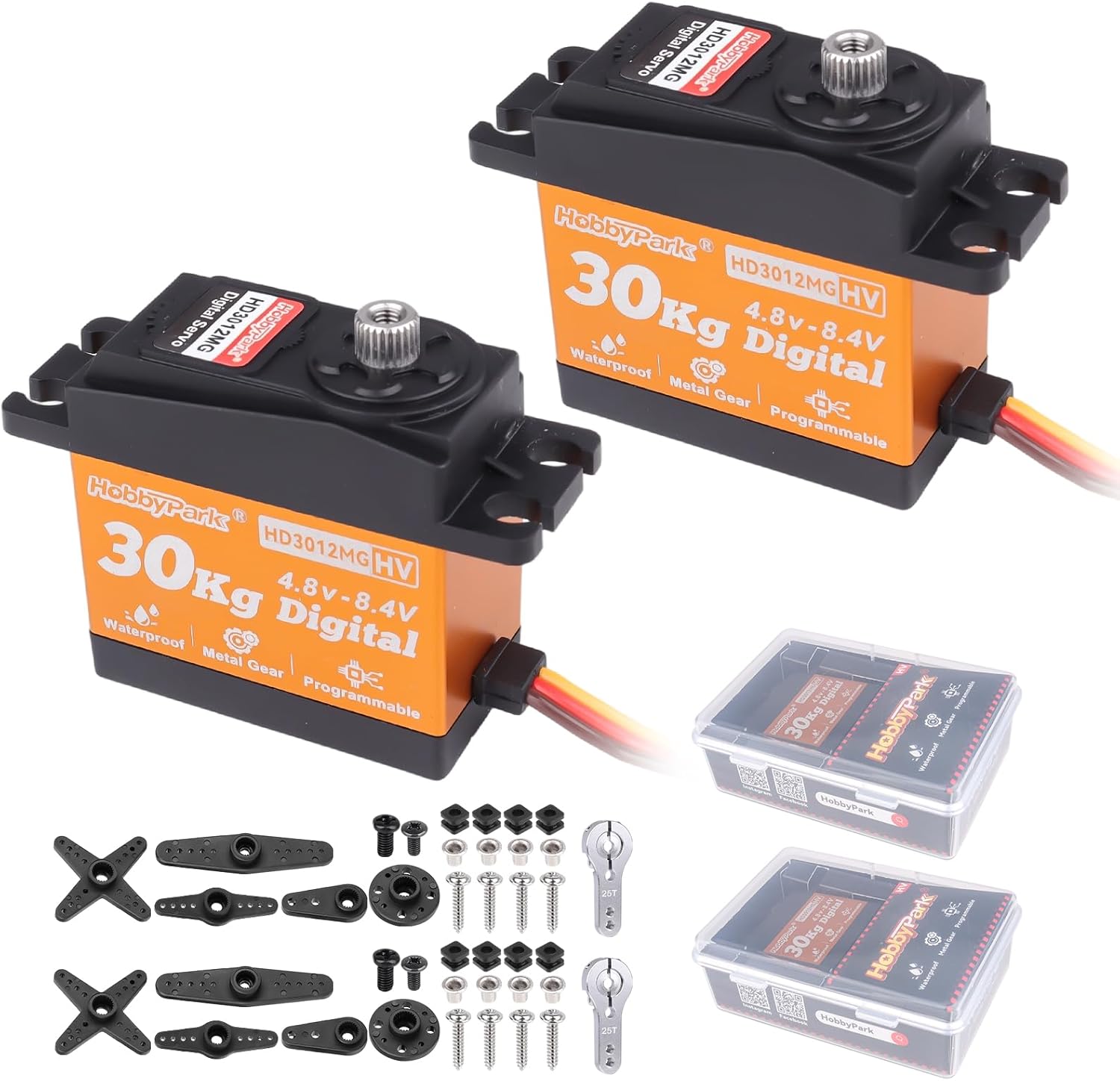 HobbyPark Pack of 2 Waterproof 30kg Servo High Torque RC Steering Servo Metal Gear All Stainless Steel for 1/12 1/8 1/10 RC Car Crawler Truck Buggy Robotics 5V-8.4V High Volt, Control Angle 180°