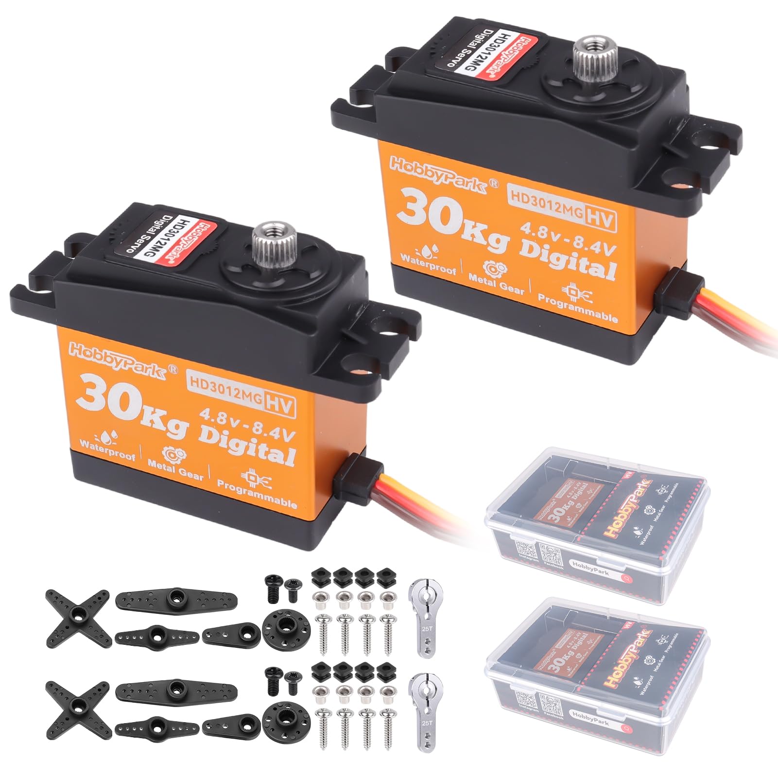 HobbyPark Paquete de 2 servos impermeables de 30 kg de alto par de torsión RC Servo Metal Gear todo de acero inoxidable para 1/12 1/8 1/10 RC Car Crawler Truck Buggy Robótica 5V-8.4V Alto Voltio