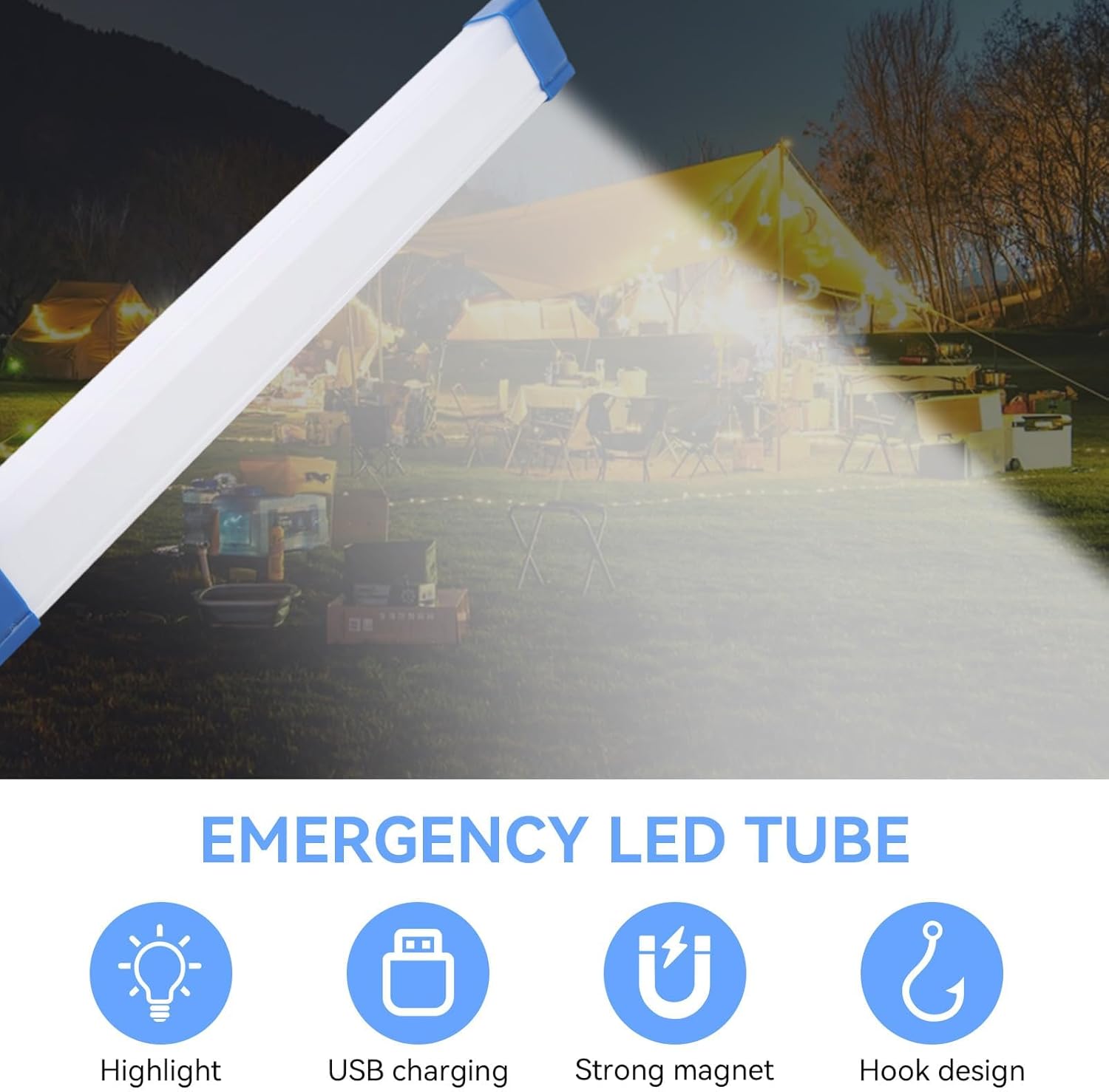 Rechargeable LED Light Stick, Camping Lantern USB Portable Tube Lights with Hook Design for Work Survival Outdoor Flashlight Home Hiking Fishing Biking Hurricane Emergency Lamp(Micro USB Not C Cable)