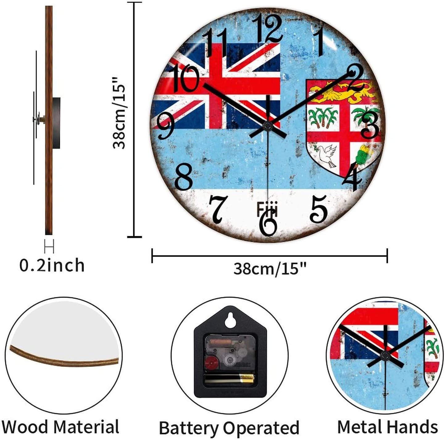 Fiji Flag Wall Clock Fiji Wooden Wall Clocks Battery Operated 15 Inch Non-Ticking Retro Cabin Wall Decor for Kitchen Bedroom Living Room Office, Style-2, 8xn89mod3u6m