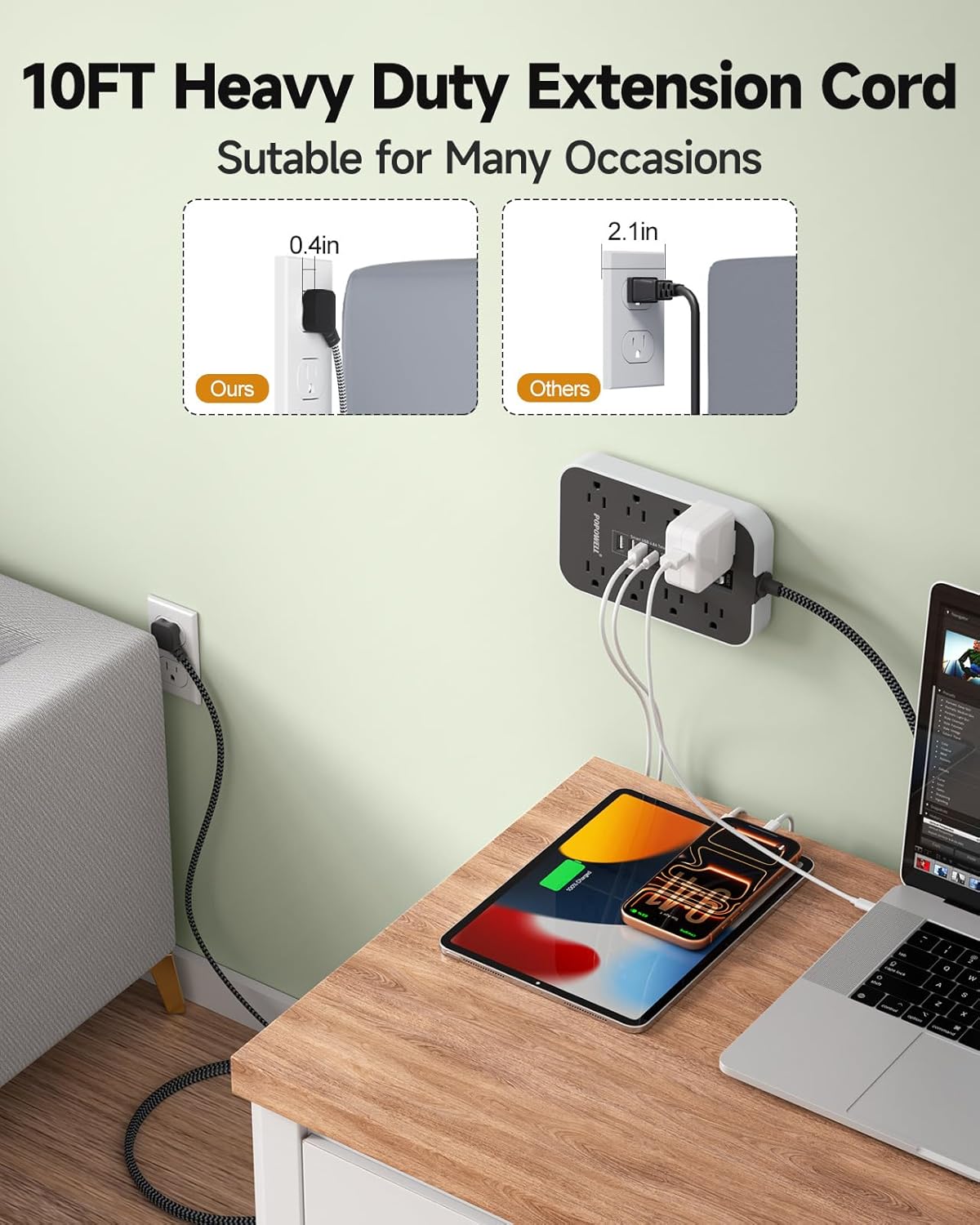 10 FT Extension Cord- Power Strip Surge Protector with 8 AC Outlet& 6 USB Ports(3 USB C) Charging Block, Ultra Thin Flat Extension Cord 10 Feet Wall Amount for Home, Office, Dorm Essentials.