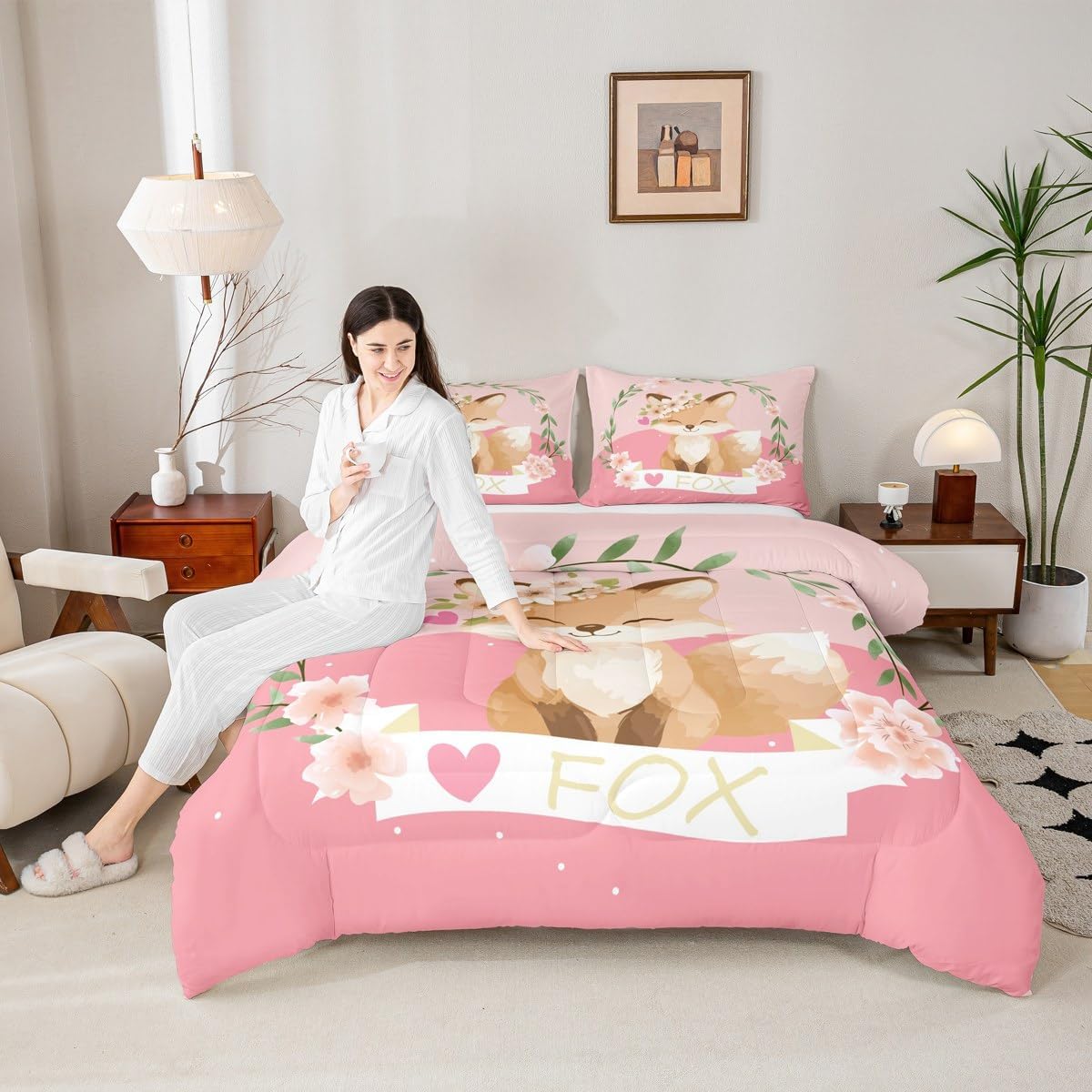 Feelyou Girls Cartoon Fox Comforter Set Cute Fox Bedding Set for Kids Boys Girls Kawaii Animal Duvet Set Botanical Floral Comforter 1 Comforter Set with 1 Pillowcase Twin Size image 5
