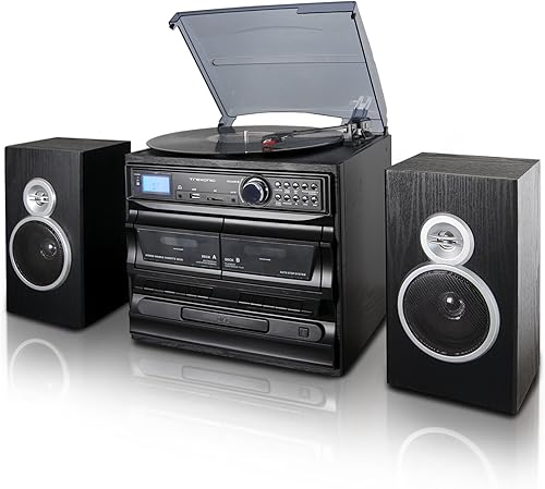 Trexonic Tocadiscos de 3 velocidades con reproductor de CD, reproductor de casete doble, Bt, radio FM y grabación USBSD y altavoces de estante con disponible en Yaxa Colombia