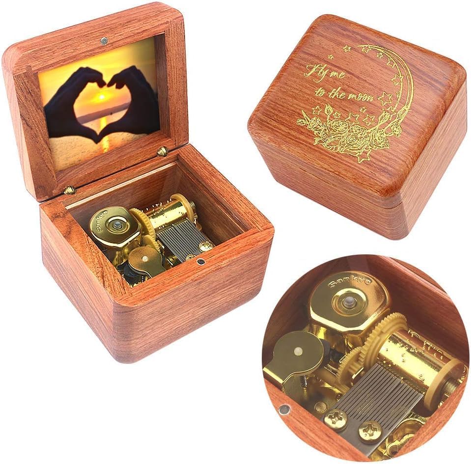 Sinzyo Natural Wooden Music Box with Customizable Photos Wind Up Musical Box Gifts for Christmas,Birthday and Valentine's Day(Character Rosewood, Tone:Fly Me to The Moon)