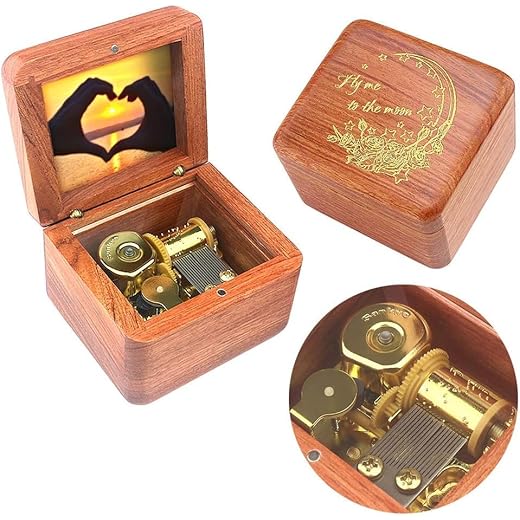Sinzyo Caja de música de Madera con Foto Personalizable Navidad San Valentín Regalo(Característica Caja de Madera de peral, Melody:Fly Me to The Moon)