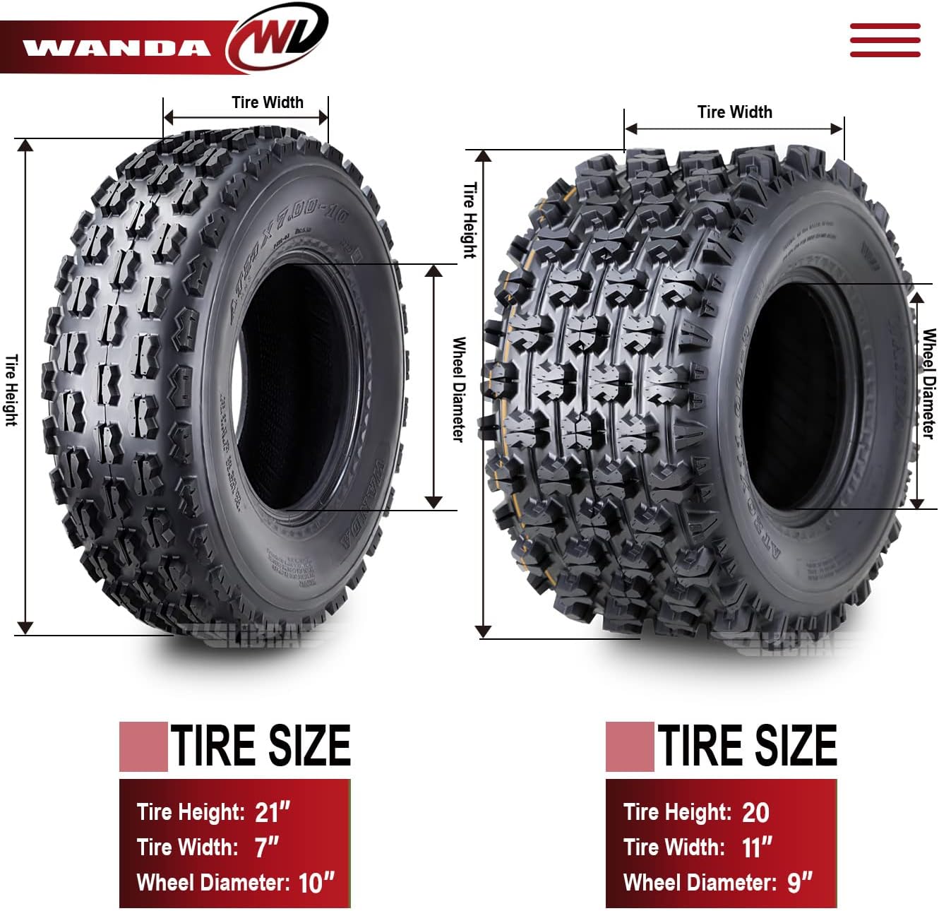 WANDA Set 4 ATV Tires 21x7-10 & 20x11-9 Polaris Predator 500 Outlaw 525S Racing Tire