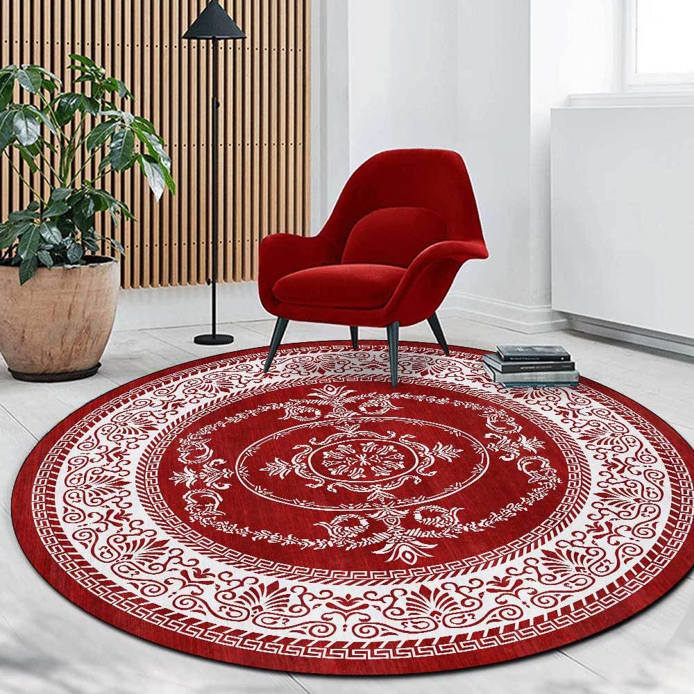 GUGJHFVH Round Living Room Area Rugs ø 110 cm Non Slip Washable Rugs Soft Area Rugs for Bedroom Short Pile Non Shedding Floor Carpets Vintage Carpet Abstract Floral Red