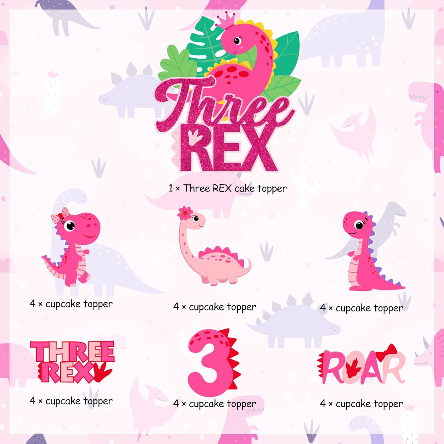 Three Rex Cake Toppers Girls Dinosaur Cake Cupcake Toppers for 3 Year Old Dinosaur 3rd Birthday Party Supplies, Dinosaurs, Roar Cake Decorations Pink 25 Pcs