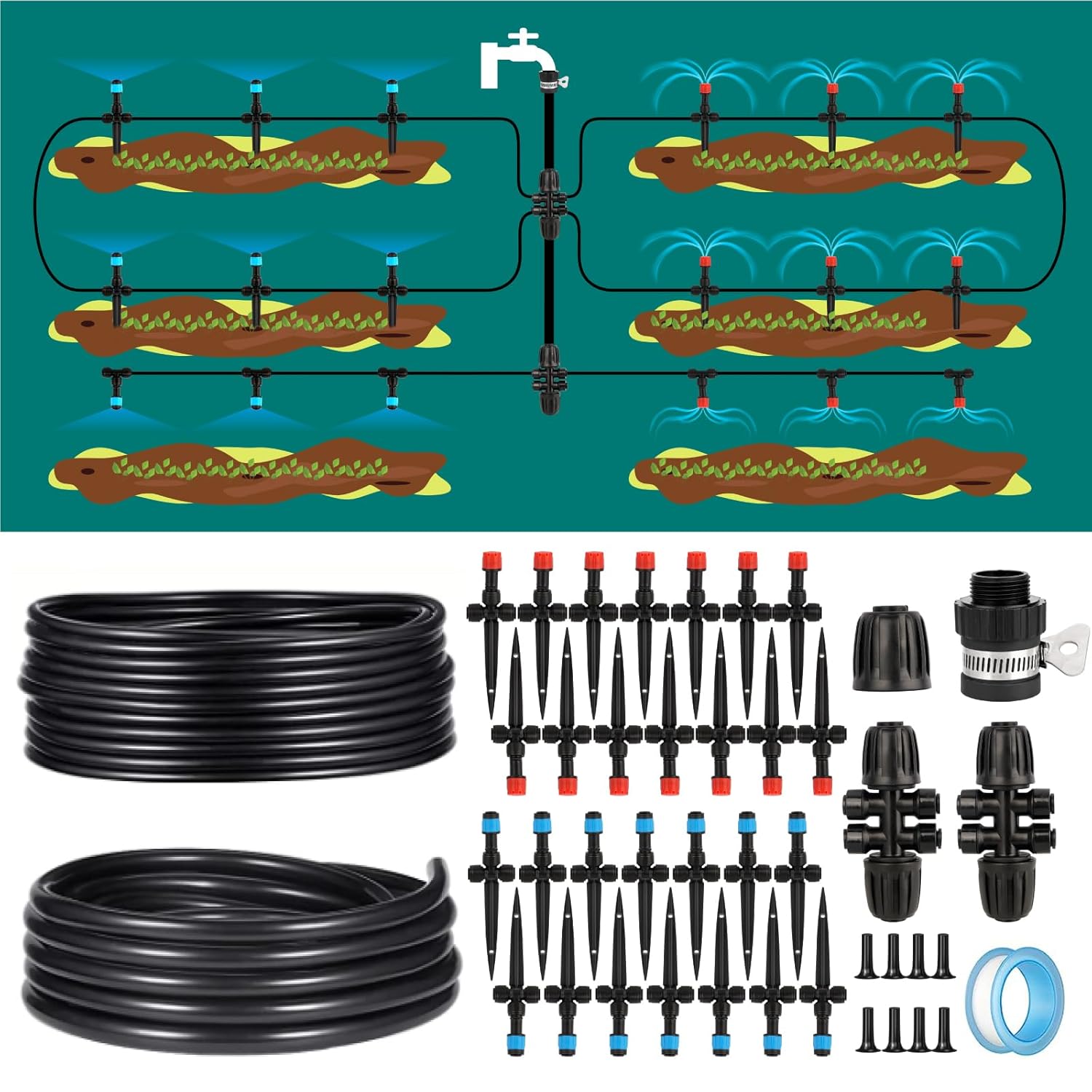 Drip Irrigation System for Garden, 118FT Automatic Micro Drip Irrigation Kit for Lawn Greenhouse Yard, Garden Watering System with 1/2 in 1/4 inch Tubing Hose Emitters Drippers 118FT drip irrigation kit
