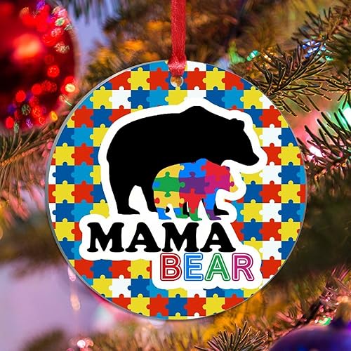 Adorno de Navidad  Mamá oso de recuerdo de Navidad acrílico Adornos de Navidad Mama Bear Autismo Colorido Puzzle Oso Adornos de Navidad para Niños