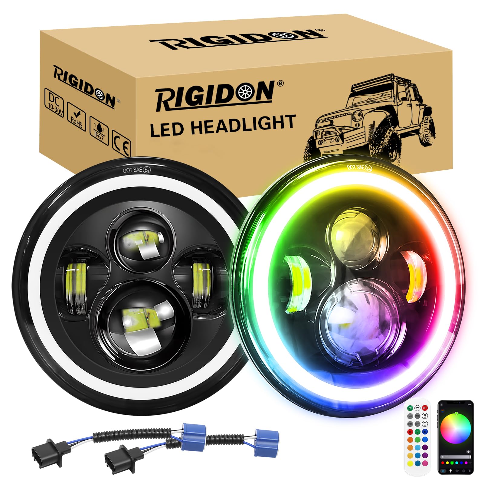 RIGIDON 2x 7 Pollici 50W Fari Led, 5000 LM Faro a Led Bianco + RGB 4 Modalità Di Illuminazione, Rotonde Luci Fuoristrada Hi/Lo Fascio DRL Anteriore Faro Lampada per Wrangler JK TJ LJ CJ Hummer