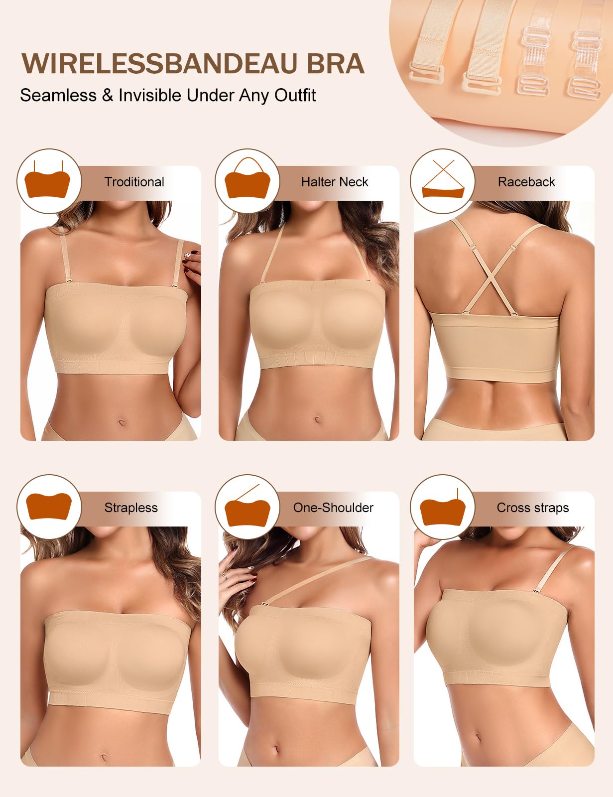 UMIPUBO Soutien Gorge sans Bretelles Bandeau Femme sans Armature Soutien-Gorge Poitrine Amovible Strapless Bra Brassiere Brassière Soutif Transparentes Rembourrage Comfit Élastique Tube Top