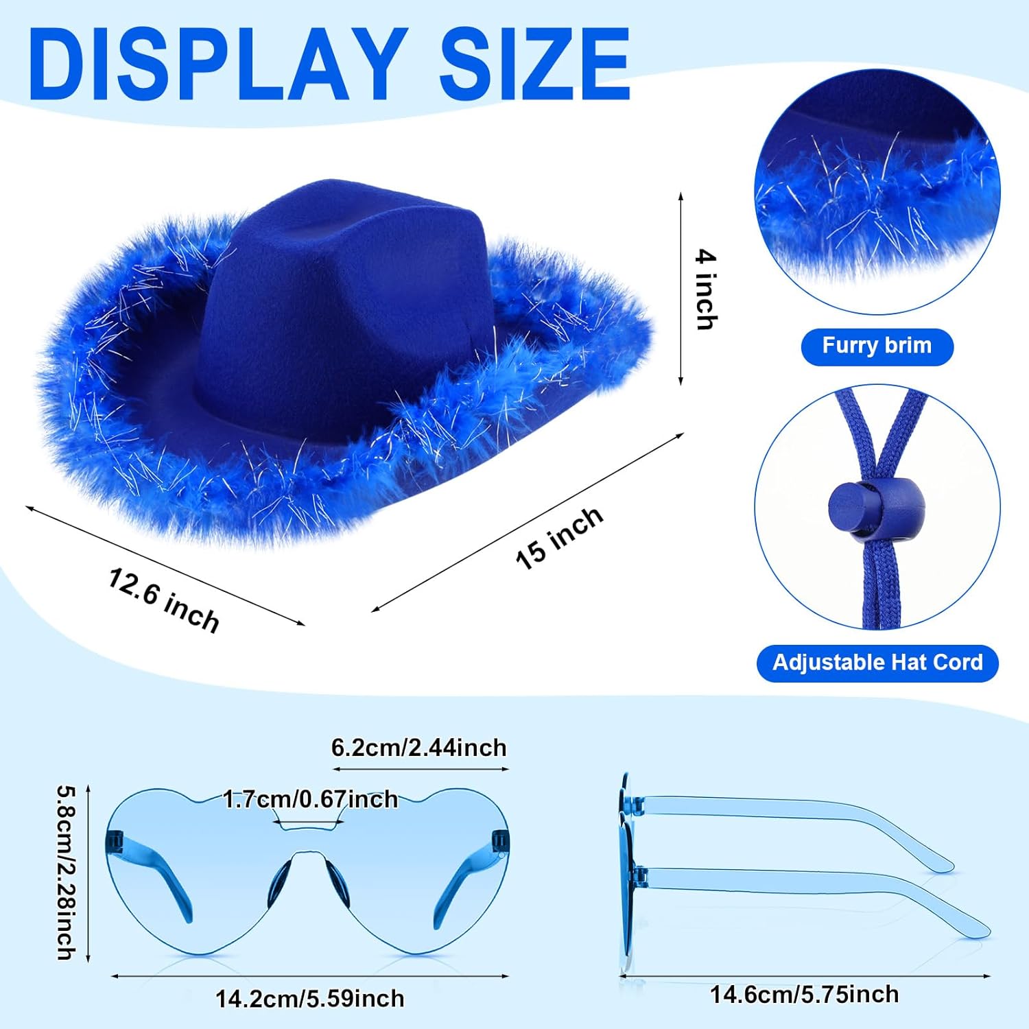 Zhanmai Cowboy Hat Cowgirl Hat with Feathers and Heart Sunglasses for Bachelorette Party, Costume Party - Image 2