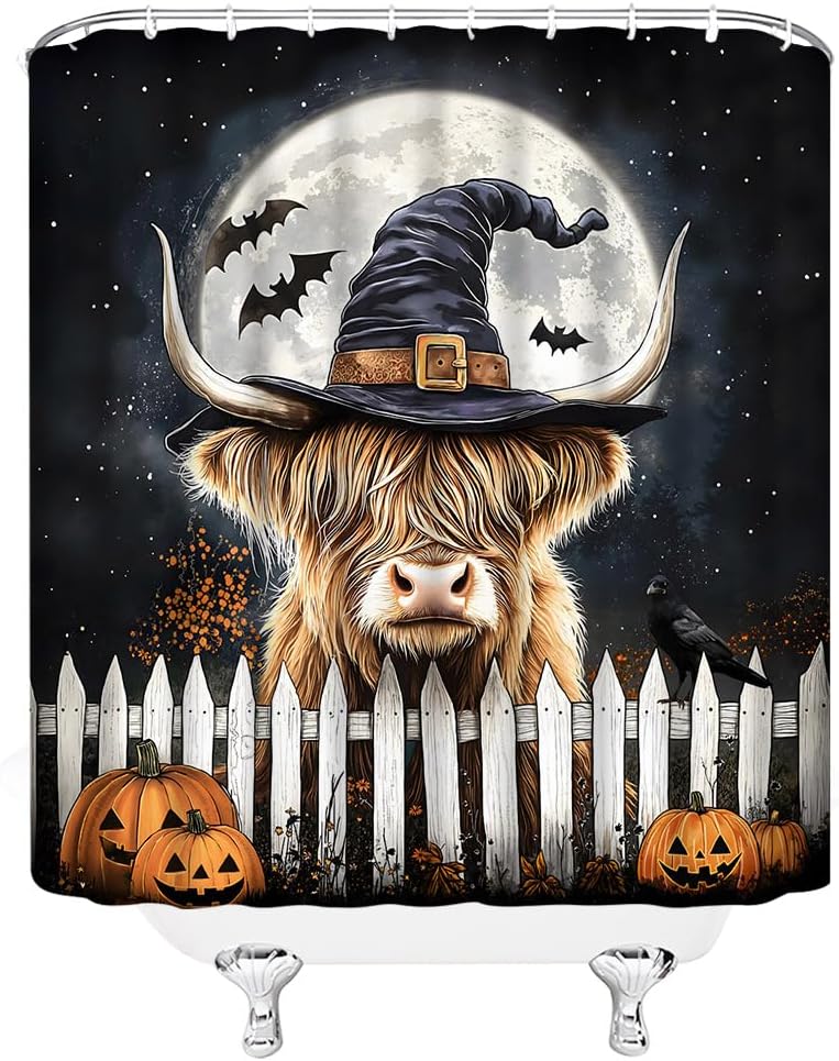 Halloween Highland Cow Shower Curtain Funny Bull Witch Hat Horror Pumpkin Bat Full Moon Farmhouse Wooden Fence Autumn Night Scenery Bathroom Decor Polyester Fabric Curtains with Hook 70Wx80H Inches