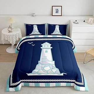 Cartoon Lighthouse Comforter Twin Size 2 Pcs Nautical Style Seagull Pattern ComforterÂ Set with 1 Pillowcase+1 Comforter Ocean Sea Sailing Theme BeddingÂ Set for Kids Teens Adults Navy Blue