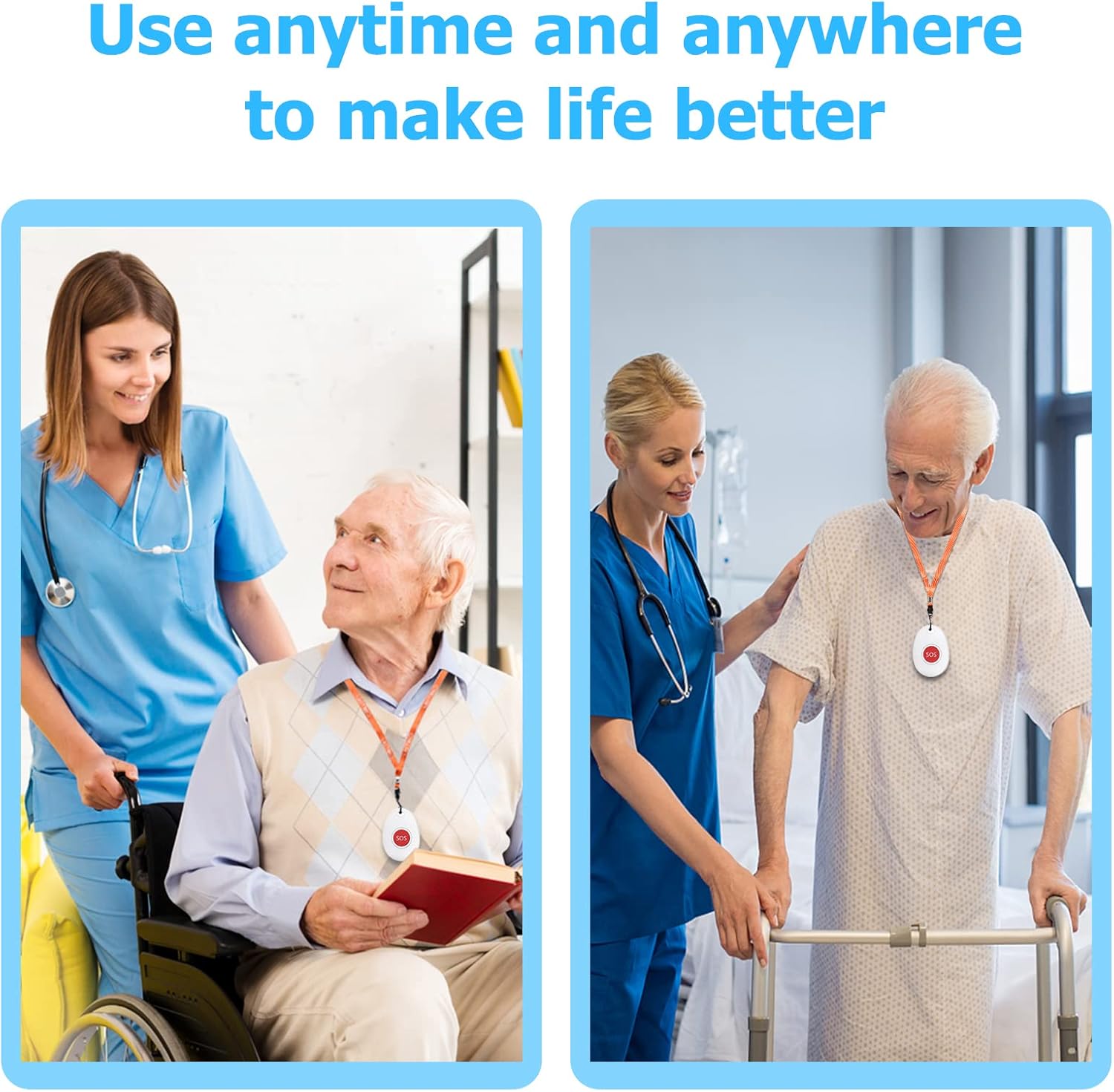 Two images showing caregivers assisting elderly individuals, one in a wheelchair and one with a walker, highlighting the system's utility.
