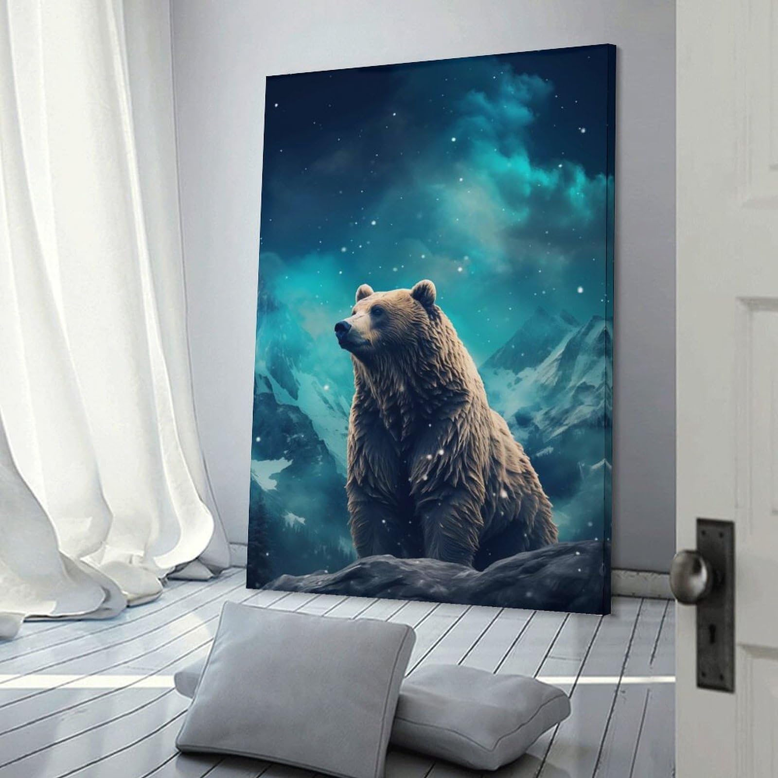 Junmoney Frame-Style-20 Canvas Wall Art Brown Bear Aurora Borealis, 20X30inch(50X75cm), For Lounge, Study, Hallway Or Flat Walls, Canvas Wall Art That Fits Changing Layouts