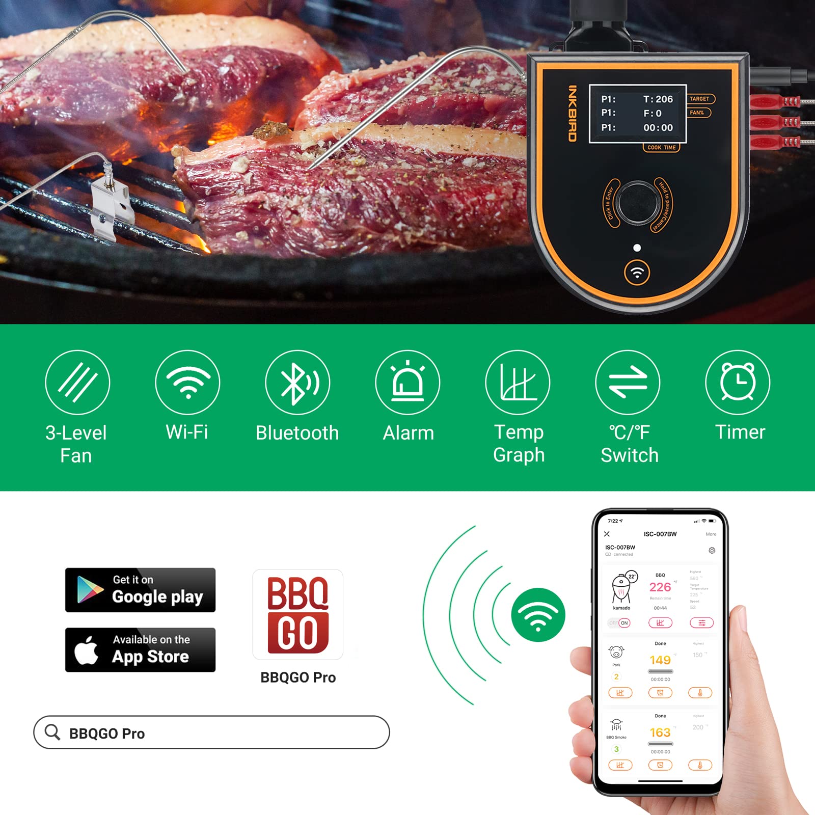 Inkbird Grillgebläse ISC-007BW, Grillventilator für Temperaturüberwachung mit automatisch einstellbarer Gebläsedrehzahl, Charcoal Grillthermometer, Kompatibel mit Kamado Joe, Big Green Egg und Kettle.