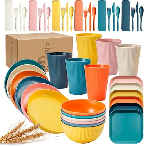 Juego de vajilla de paja de trigo, 48 piezas, platos irrompibles, aptos para microondas, cuencos ligeros y reutilizables con platos, tazas,