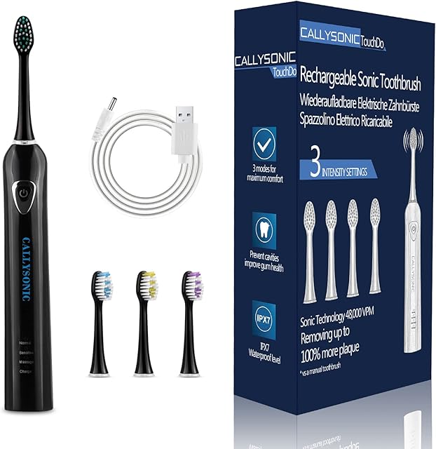 Black Sonic Electric Toothbrush for Adults and Kids, 48,000VPM Rechargeable Toothbrushes + 4 Replacement Brush Heads, Normal, Sensitive, Massage Modes - H31 by CallySonic