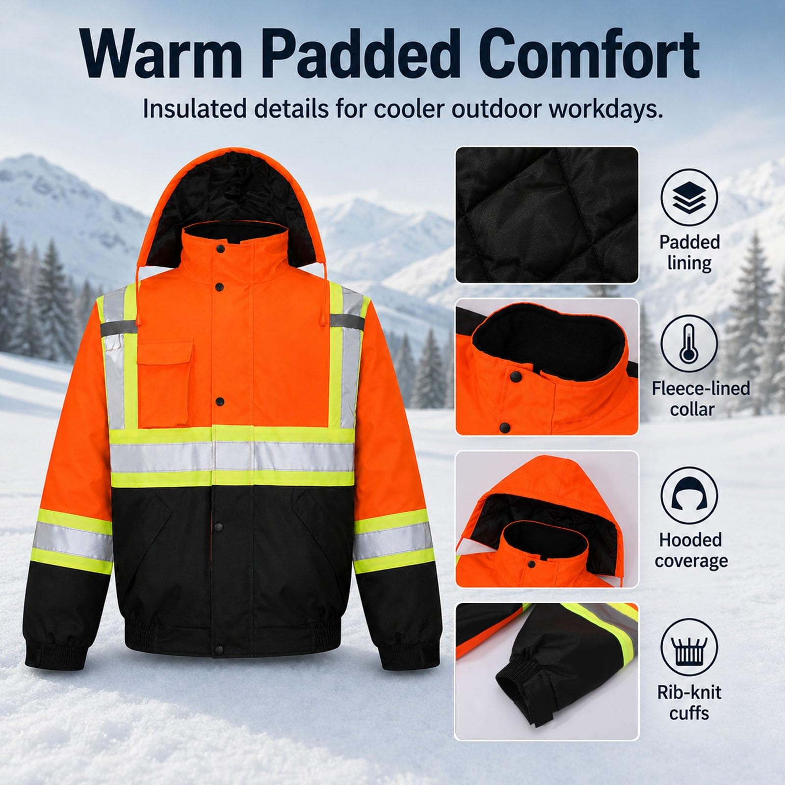 Chaqueta Impermeable De Alta Visibilidad Con Capucha Y Diseño Reflectante | Abrigo De Trabajo De Seguridad Cortavientos Con Relleno Grueso De Algodón, Tejido Oxford, Bolsillos, PUños(Yellow,L)