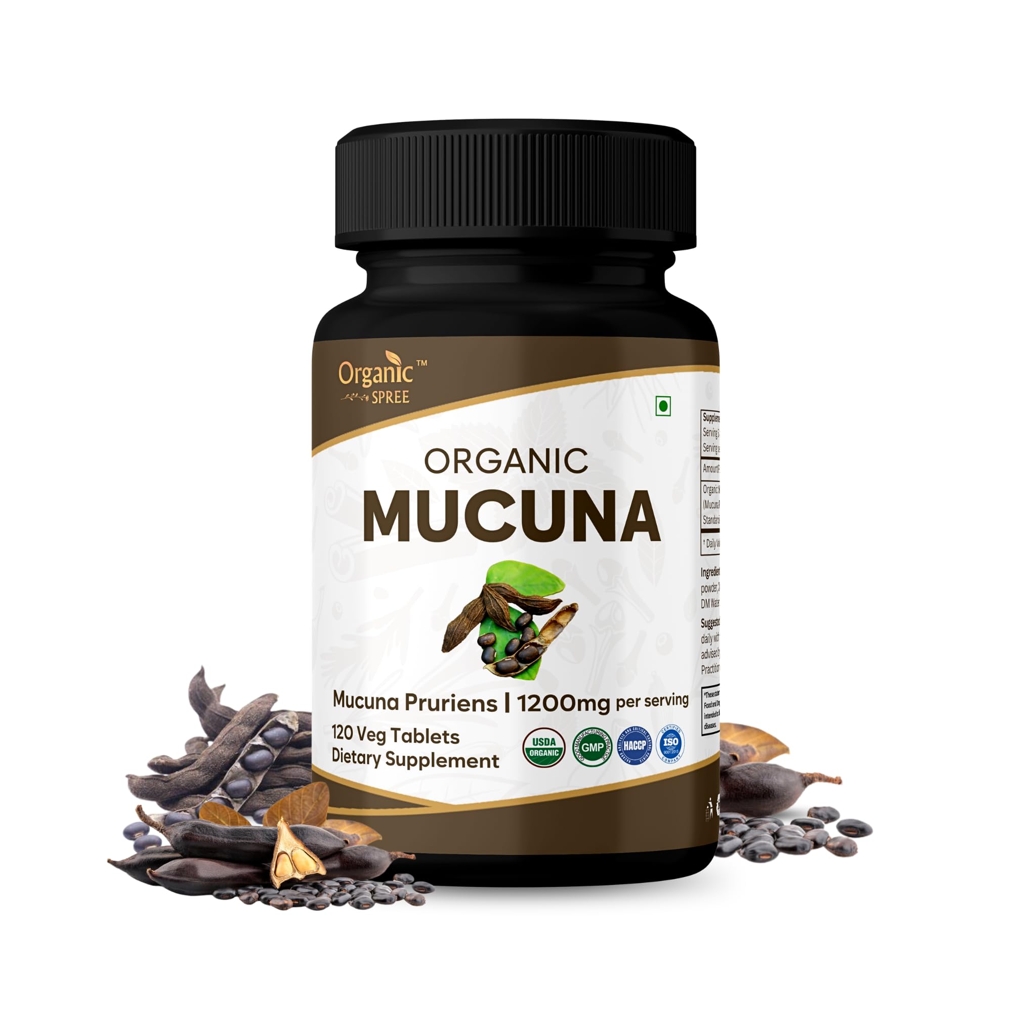 ORGANIC SPREE Mucuna 120 Tablets - Supports Mood, Relaxation & Immunity* - Mucuna pruriens - 60 Days Supply - USDA Organic, GMP, HACCP Certified