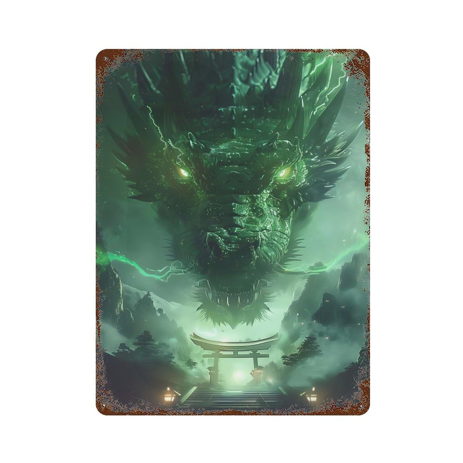 Rust Effect Torii Gate Dragon Legend Aged Metal Wall Plaque 15.7"x11.8", Farmhouse Wall Decor for Office, Studio And Wall Decor