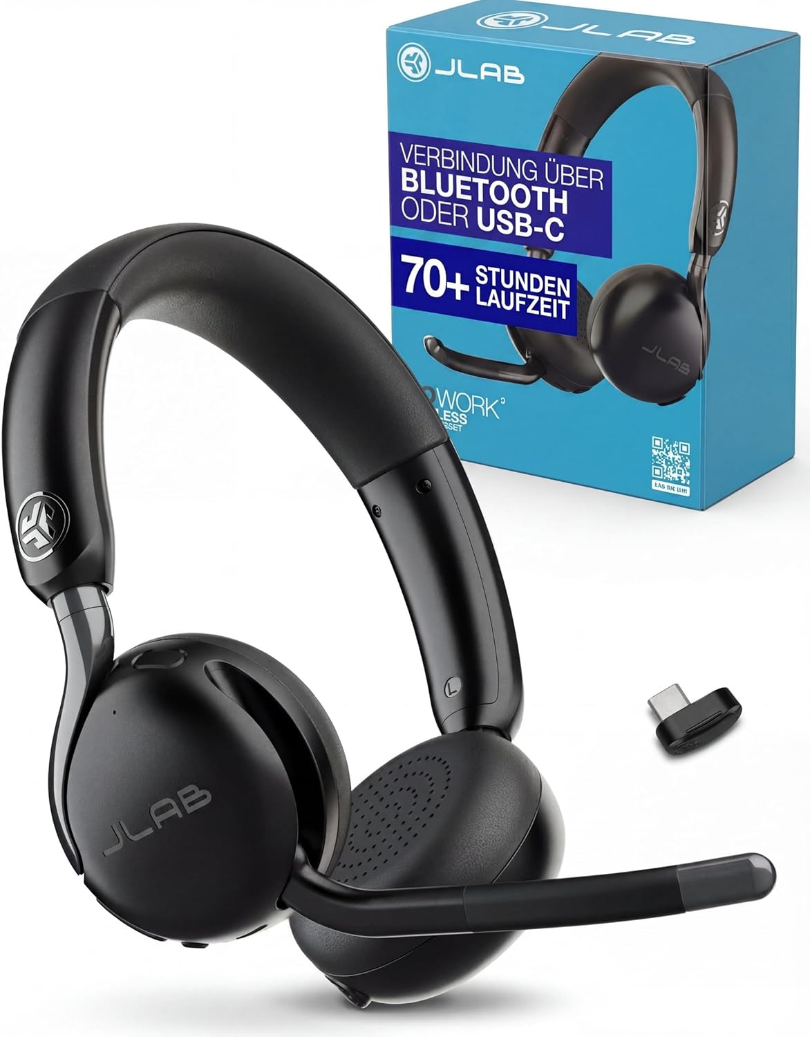JLab Go Work 3 Bluetooth Headset with Microphone - 70+ h Battery Life, USB-C Dongle, Noise Cancelling, Multipoint Business Headset for Office, Laptop & PC, On-Ear Headphones Wireless – JLab product photo