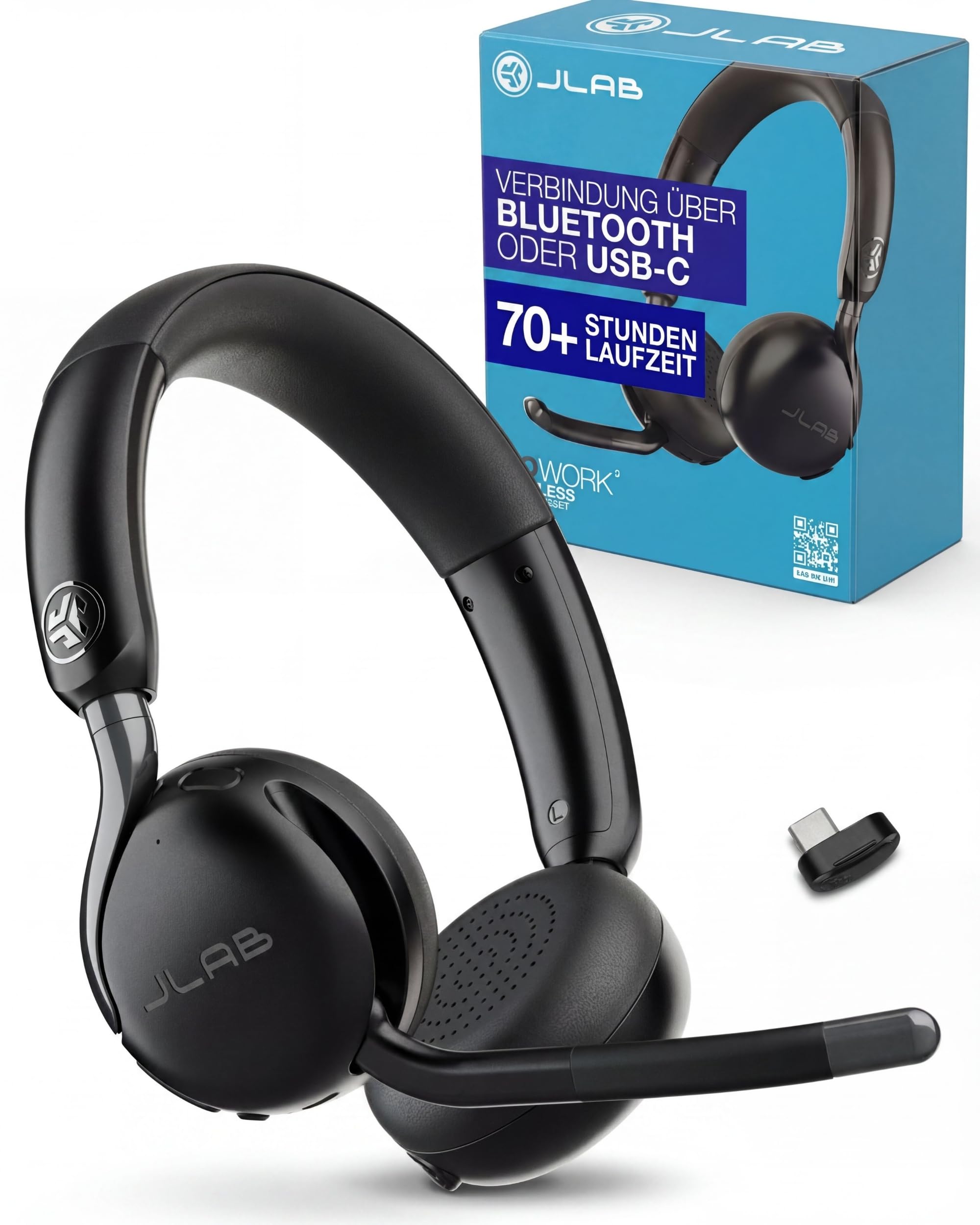 JLab Go Work 3 Bluetooth Headset mit Mikrofon - 70+ h Akkulaufzeit, USB-C Dongle, Geräuschunterdrückung, Multipoint Business Headset für Büro, Laptop & PC, On-Ear Kopfhörer kabellos