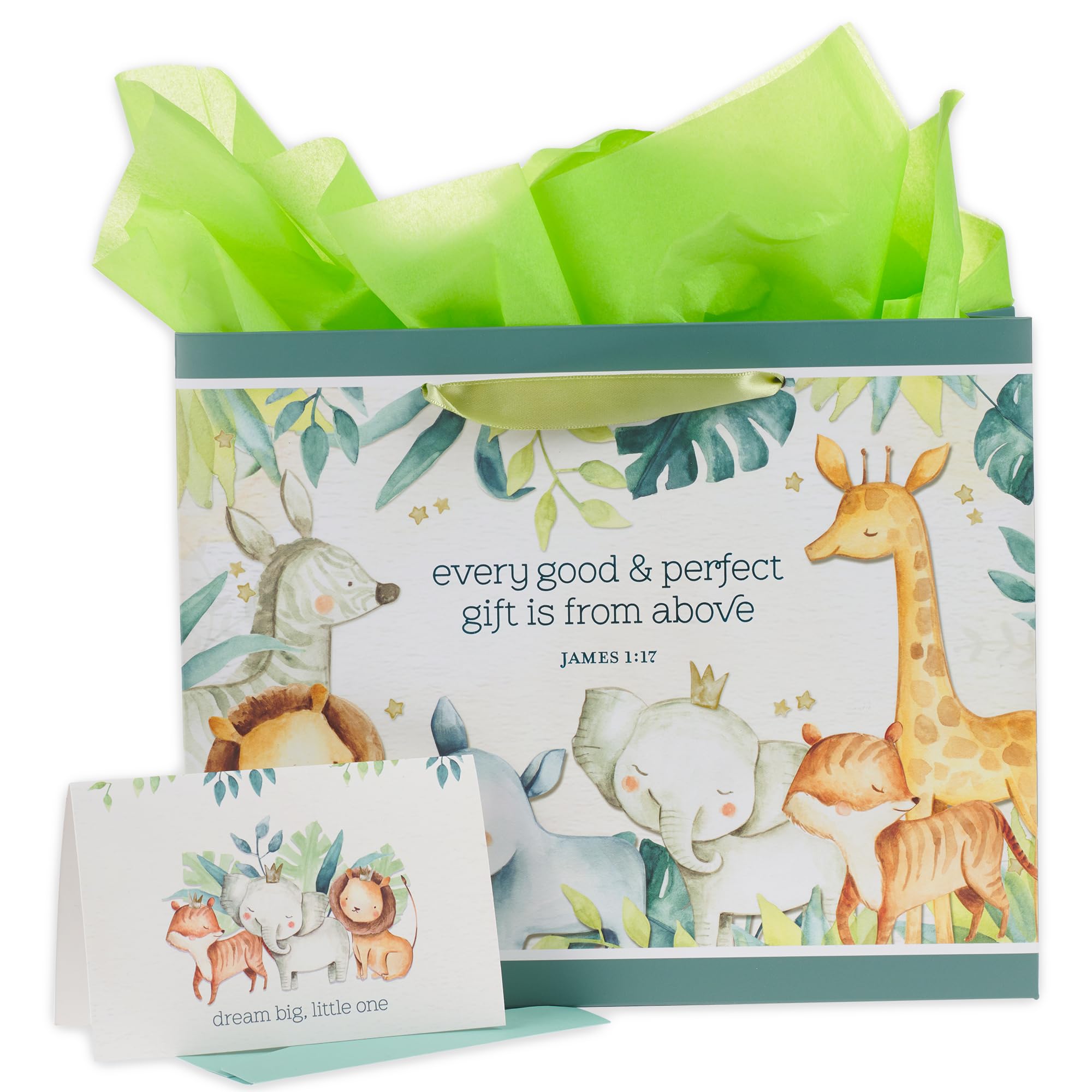 Christian Art Gifts Large Landscape Scripture Gift Bag w/Greeting Card & Tissue Paper Set for Kids: Every Gift Inspirational Bible Verse, Cute Animal Forest Theme Childrens Wrapping Accessory, Boys,