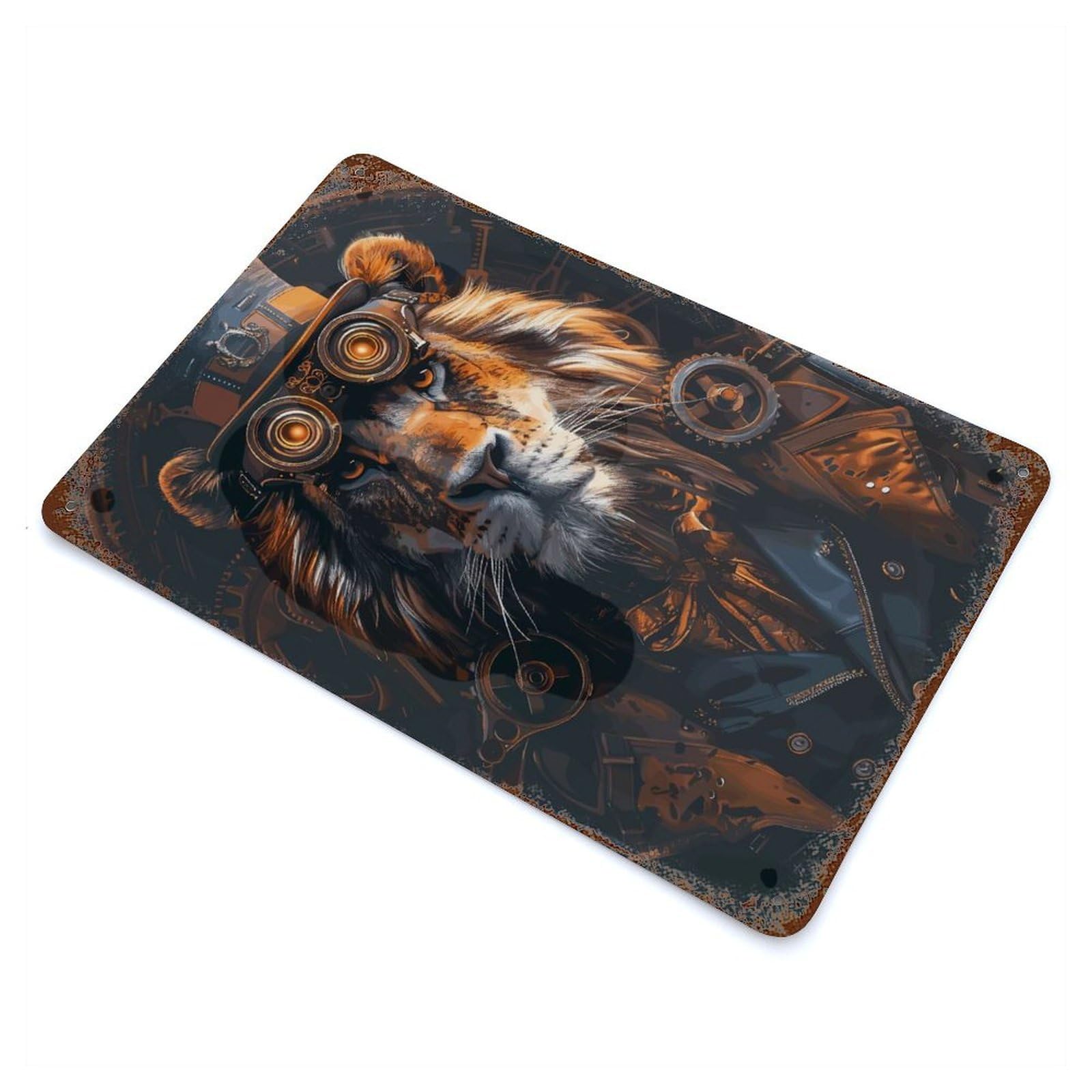 Rust Effect Animal Steampunk Lion Rusty Metal Tin Sign 11.8"x7.9", Old School Wall Decor for Basement, Hobby Room And Garage Decor