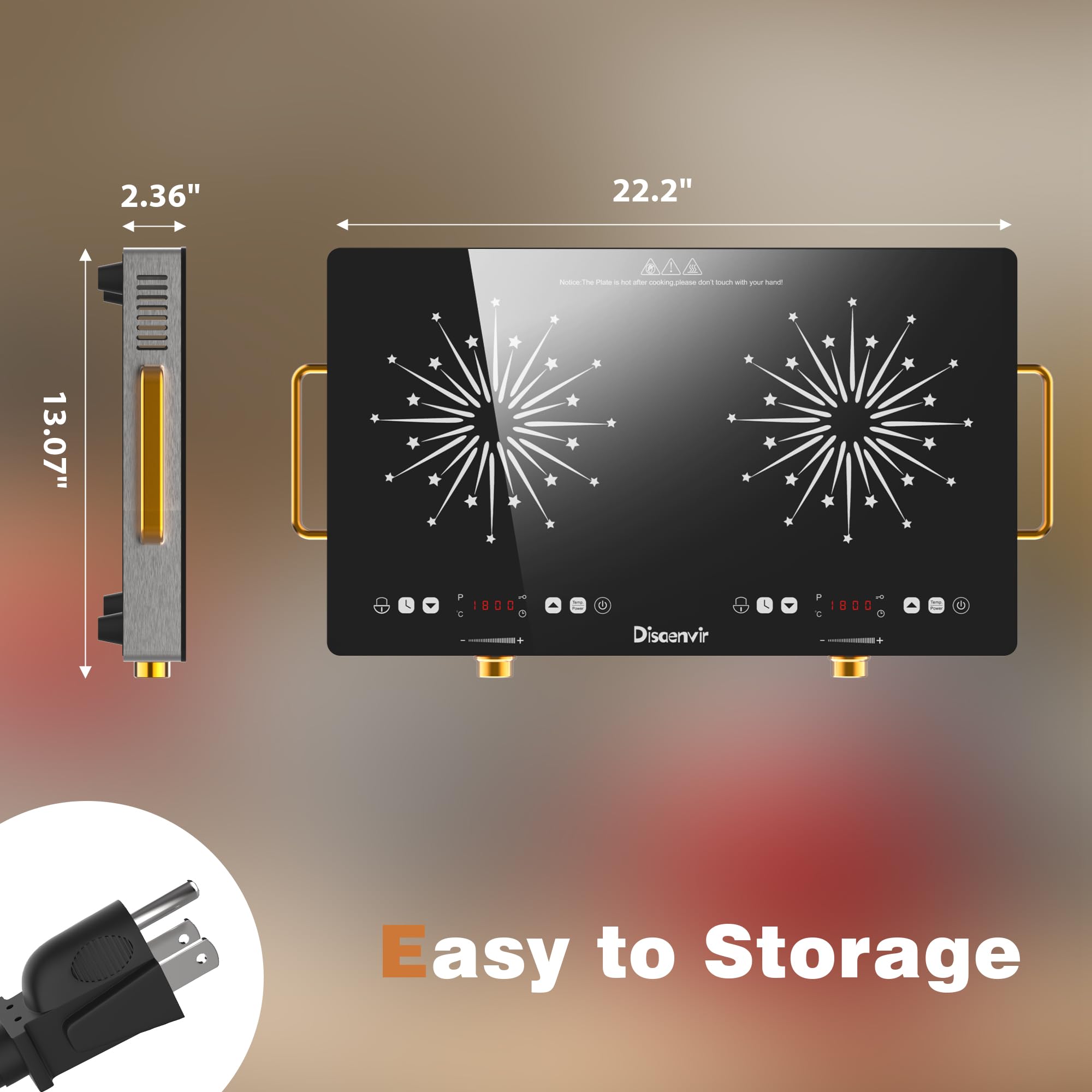 Estufa eléctrica de 2 quemadores de 110 V - 24 pulgadas con asas de 2000 W, quemador de cerámica de dos quemadores con pantalla táctil LCD y control de perilla, temporizador, bloqueo de 8