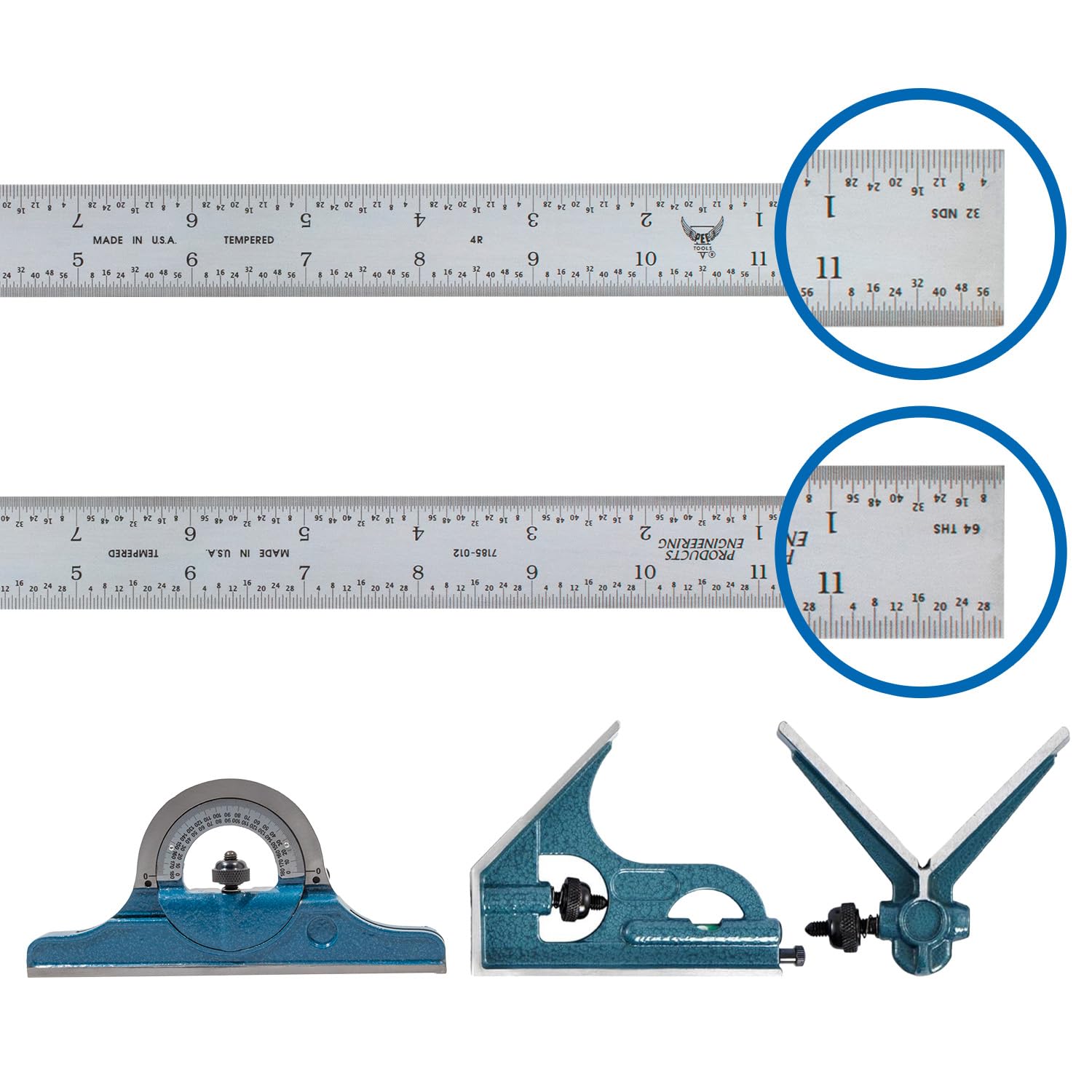 PEC Tools 2-Piece Combination Square Set - 4R 12” Machinist Blade Cast Steel Head, Reversible Locking Bolt, Scribe, for Metalworking, Carpentry and Multiple Applications, Made in USA