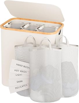 Laundry Hamper with Lid, 160L Dirty Clothes Hamper for Laundry Basket 3 Section, Extra Large Laundry Sorter Hamper 3 Compartment with Removable Inner Bags & Labels, Beige