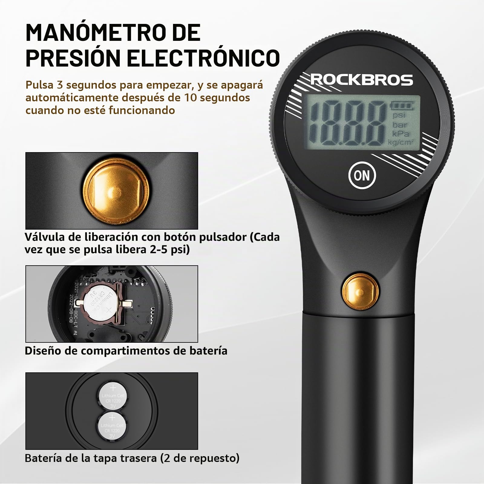 ROCKBROS Bomba de Aire Bicicleta Inflador Bicicletas 320PSI Adaptador Válvulas Presta y Schrader Mini Bomba para Bicicleta con Manómetro Electrónico para MTB BMX Bicicleta Carretera