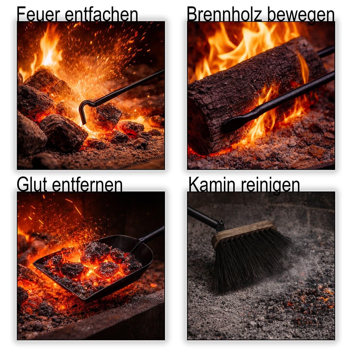 MS Beschläge Kaminbesteck Set 5-tlg mit Besteckbehälter aus Leder Altweiß - moderne Kamingarnitur Kaminwerkzeuge schwarz pulverbeschichtet - elegantes Kamin-Set Ofengarnitur Ofenbesteck mit Tragegriff