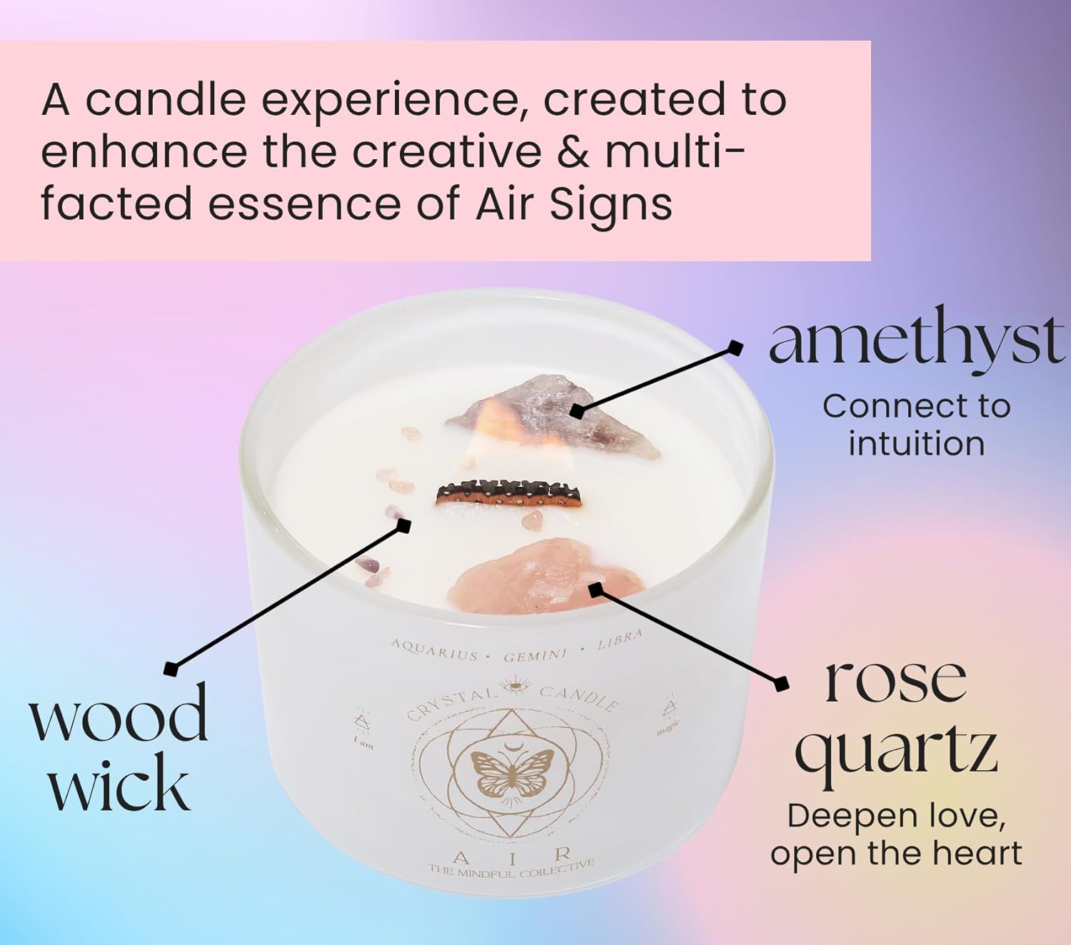 Aquarius, Gemini, Libra Gifts for Women - 12oz Wood Wick Candles That Crackle with Crystals and Healing Stones. Healing Crystal Candles for Women Home Scented. Soy Wax, for Zodiac Birthdate - Image 5