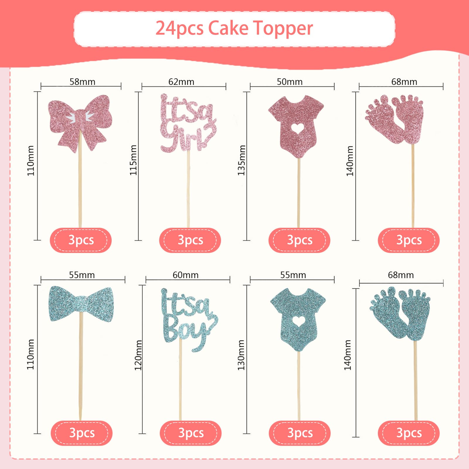 Tortenaufsatz 'He Or She' Für Gender Reveal Party – Blau/rosa, Mit Cupcake-Deko, Aus Glitzerkarton