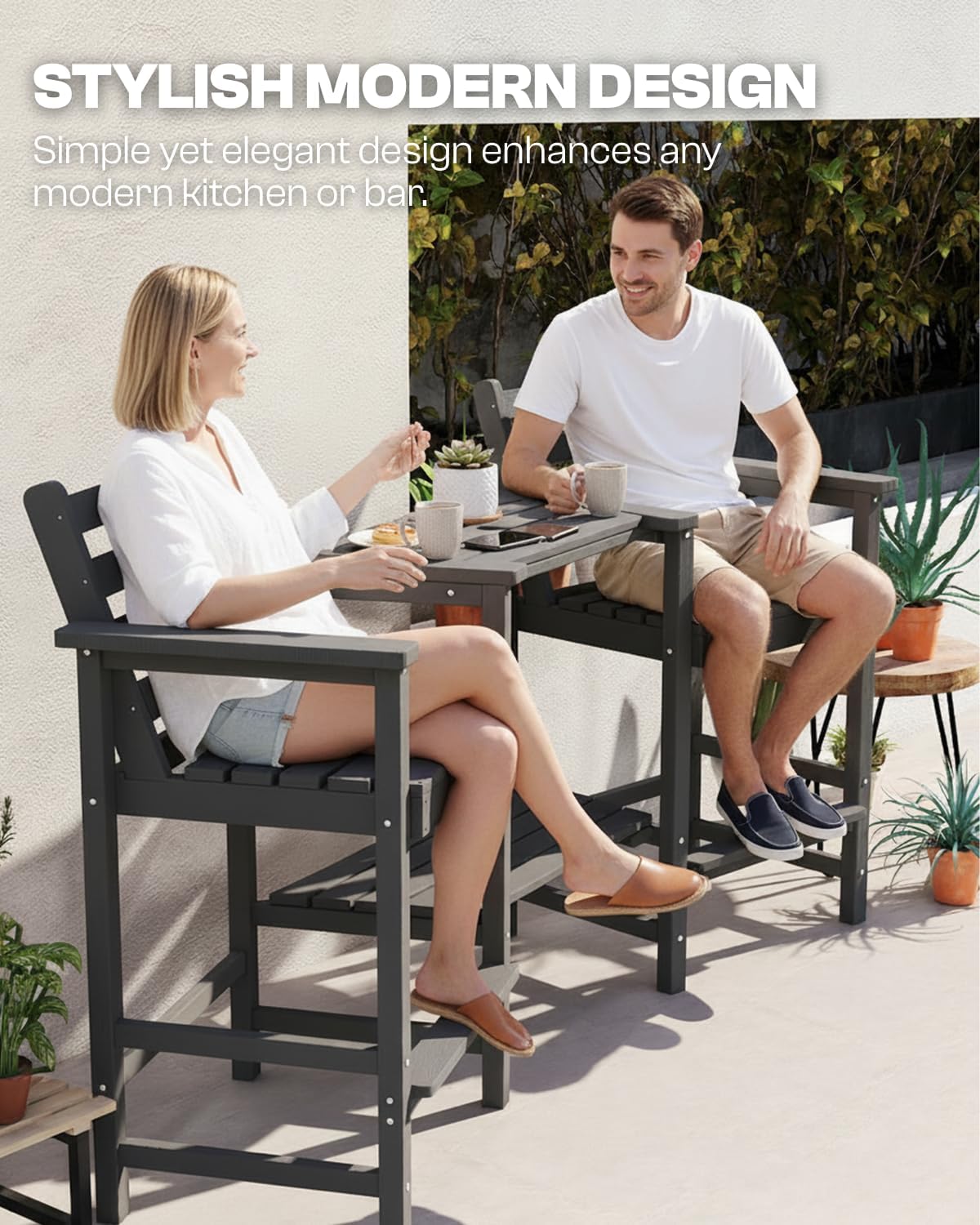 Tall Adirondack Chairs Set of 2, Bar Height HDPE Balcony Chairs with Big Connecting Trays & Umbrella Hole, Weatherproof Patio Bar Stools for Lawn, Garden (Black)