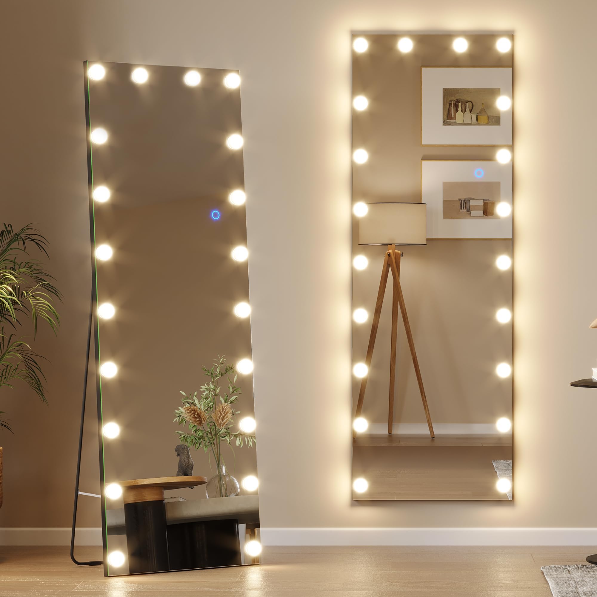 Vlsrka 61" x 20" Full Length Mirror with Lights, Hollywood Body Mirror with Light Bulbs Free Standing, LED Wall Mirror for Dressing, Dimming & 3 Color Lighting (Black)