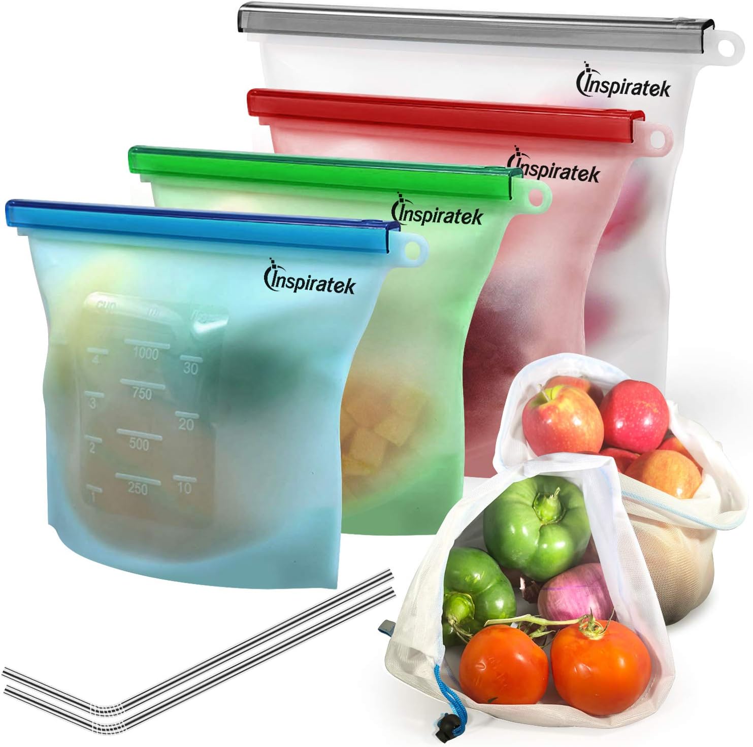 Reusable Silicone Food Bags (Large and Small, Set of 4) + Bonus Stainless Steel Straws & Produce Storage Bags - Insulated Plastic Lunch Bag - Baggies for Sandwich, Kids, Snack, Freezer Dishwasher Safe