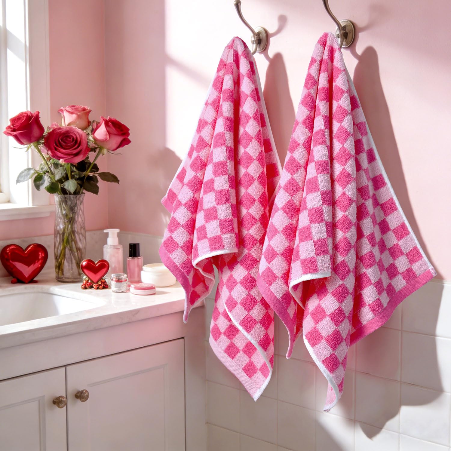 Jacquotha  and White Hand Towels 4 Pack, Cotton Decorative Bathroom Hand Towels & Checkered Kitchen Decor, 13" x 29"