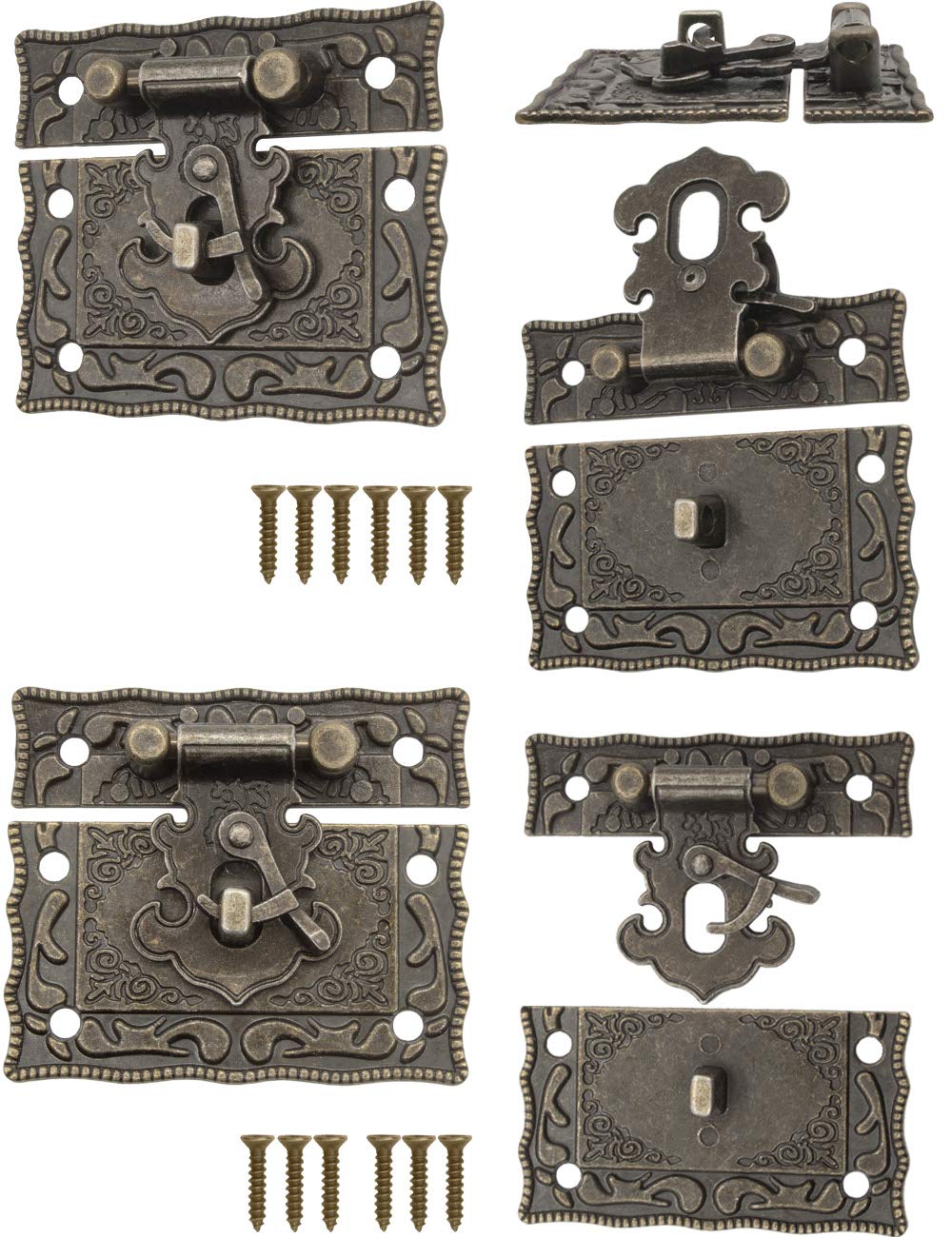 FUXXER®, 2 Serrature anticate, chiusura a gancio, design in bronzo, serrrature per cassette scorrevoli, 50 x 42 mm, con viti, 2 set