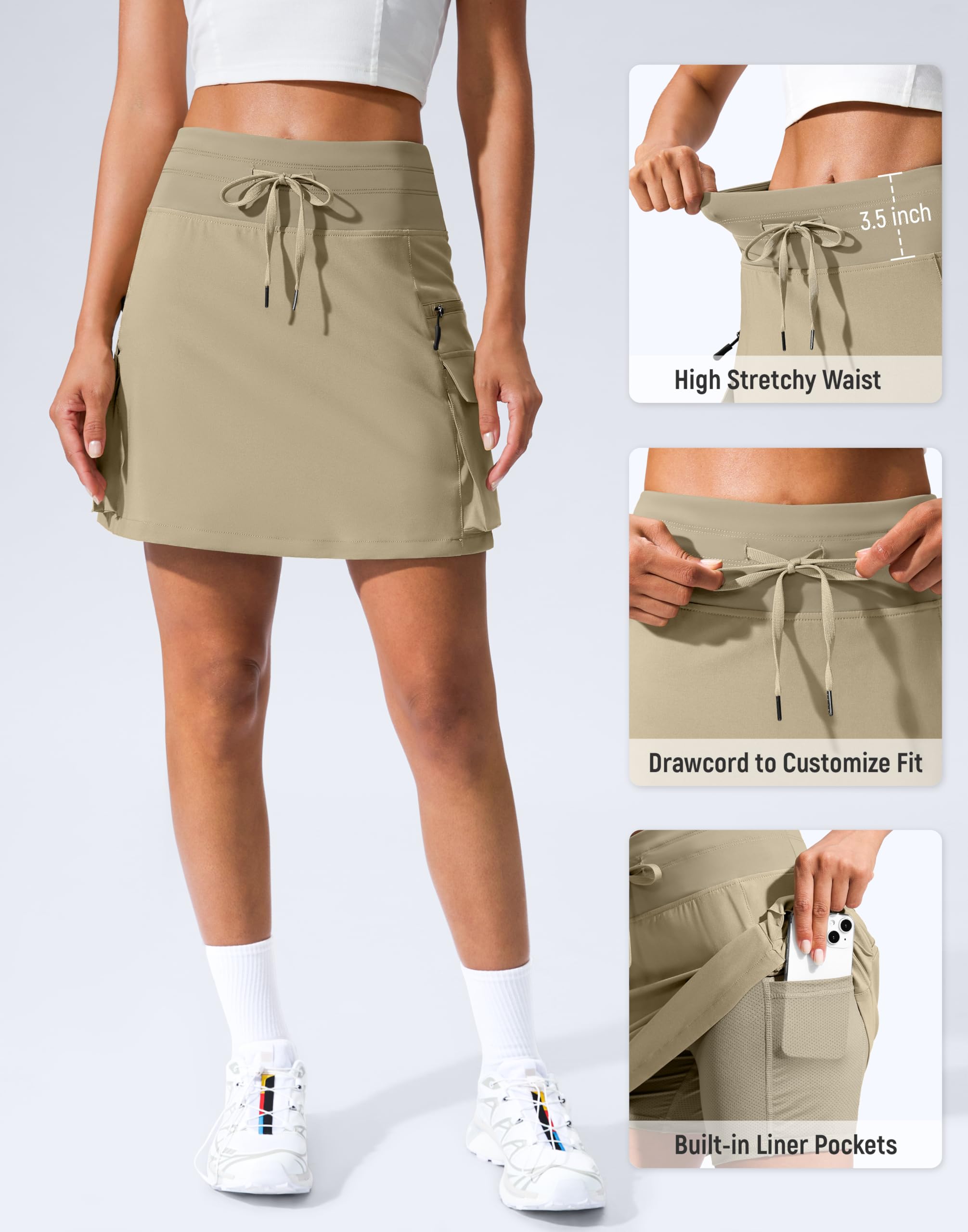 SANTINY Skort cargo da 40,6 cm con 6 tasche con coulisse a vita alta per golf, viaggi, escursionismo, skorts da donna, elegante, casual, estivo