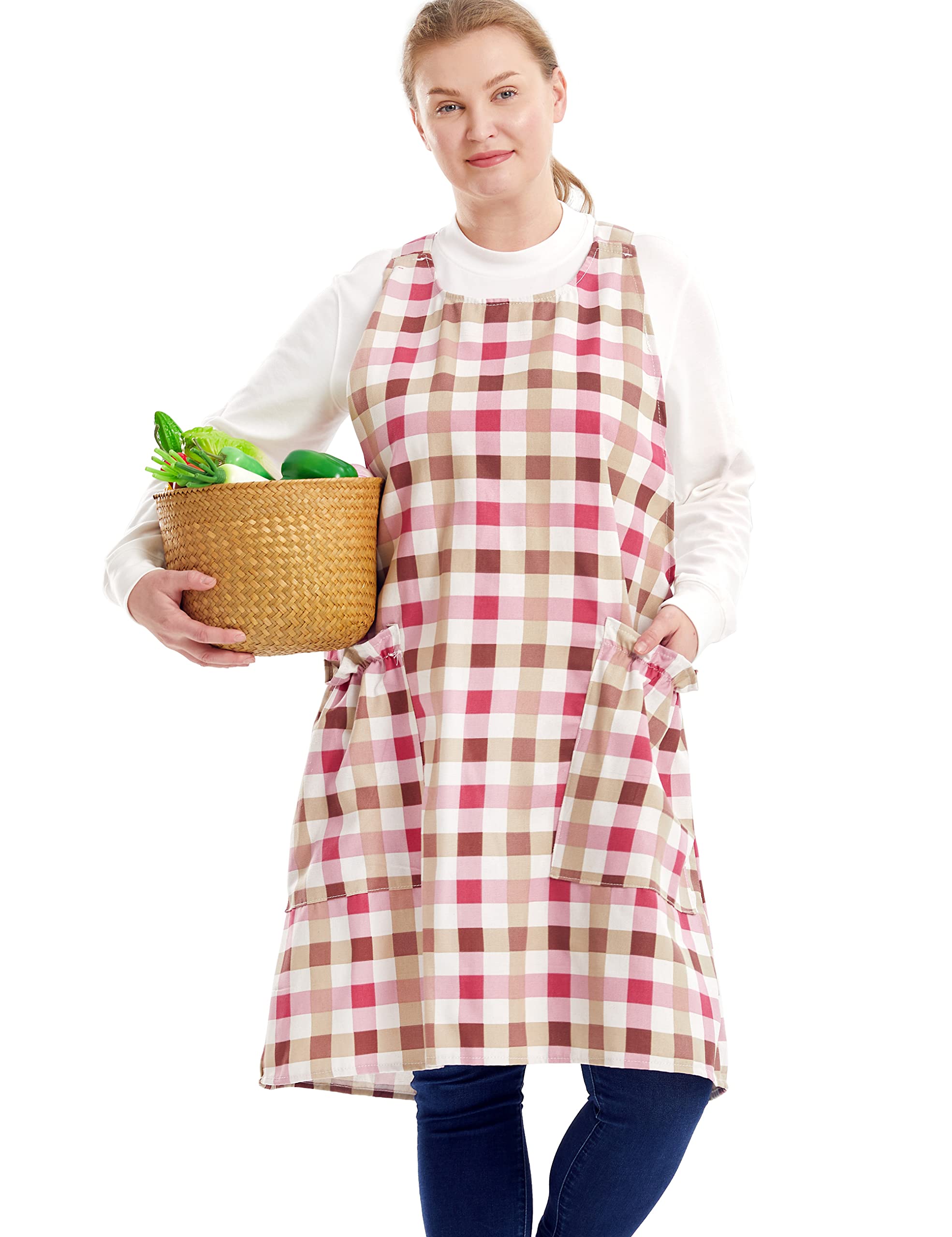 Big Plus Size Aprons for Women with Pockets Cotton Linen Baking Kitchen Cooking, Red Plaid, Large