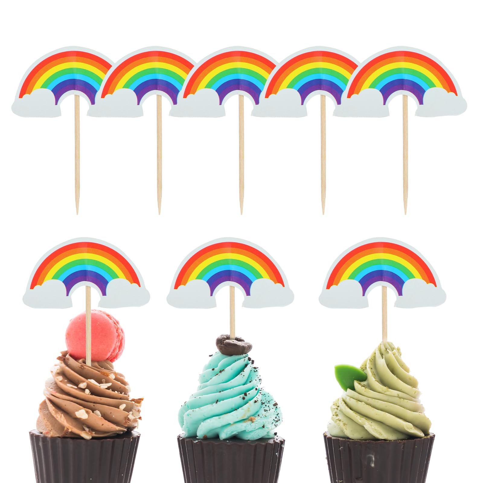 COMNICO 24 PCS Rainbow Cupcake Toppers, Theme Party Cake Decorations DIY Cake Picks Insert Toppers Cute Dessert Decorating Supplies for Girl Boys Baby