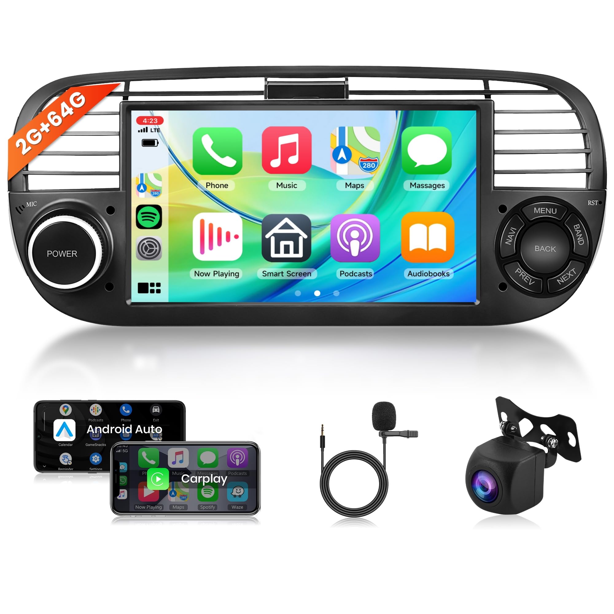 2G+64G Wireless Carplay Android Radio de Coche para FIAT 500 2007-2015 7 Pulgadas Pantalla Táctil Radio con Android Auto Navi GPS WiFi Mirror Link Bluetooth FM/RDS/DVR/EQ/Dab+/SWC Cámara Trasera