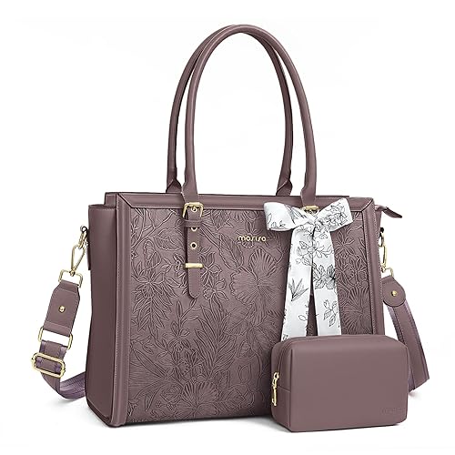 MOSISO Laptop Bag for Women, PU Leather Tote Bag, Front Embossed Retro Hibiscus Computer Bags with Silk Scarf&Clutch Purse - Slate Purple - 17.3 inch